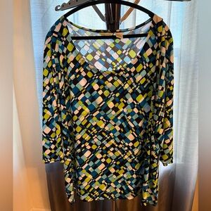 Laura Ashley Blue and Green Geometric Plus size Long Sleeve Top